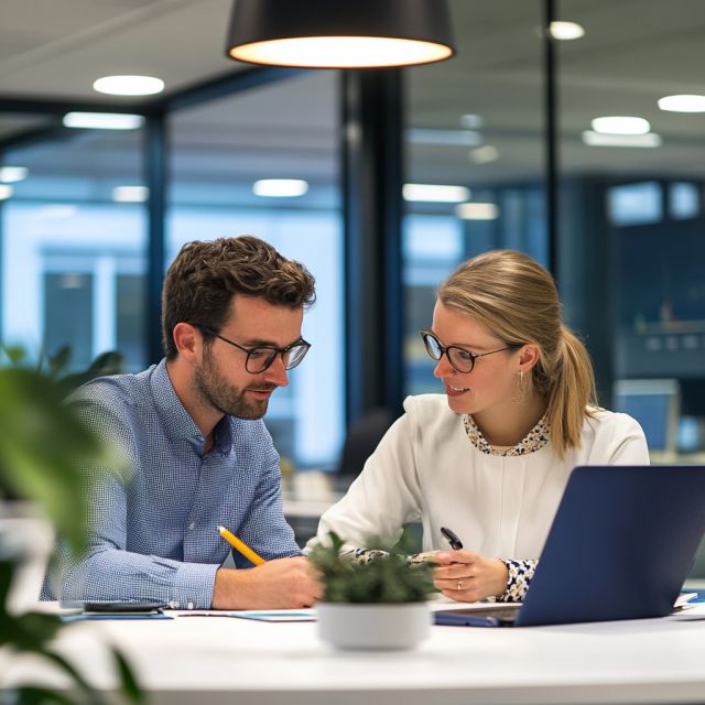 man en vrouw op kantoor samenwerken