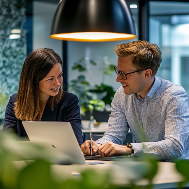 man en vrouw achter laptop in overleg