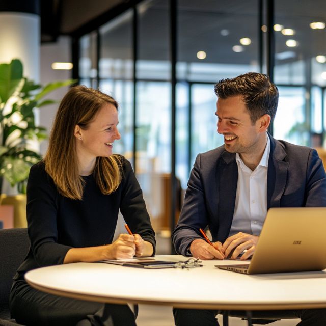 man en vrouw werken samen aan tafel